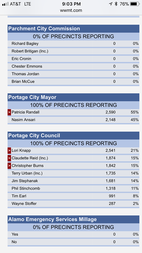 Screenshot of 2017 Election Results
